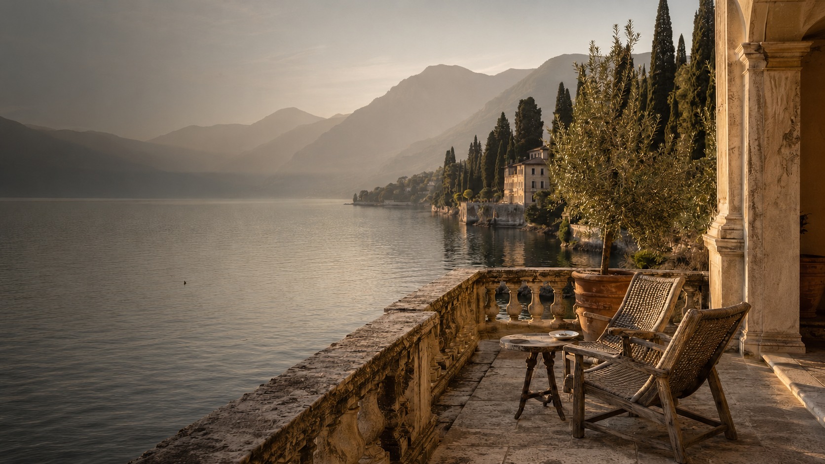 Lake Como lakeside stone terrace with cypress trees at golden hour